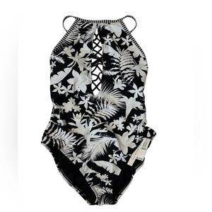 BLEU ROD BEATTIE Black and White Floral One-Piece Swimsuit Size 8 *NEW*